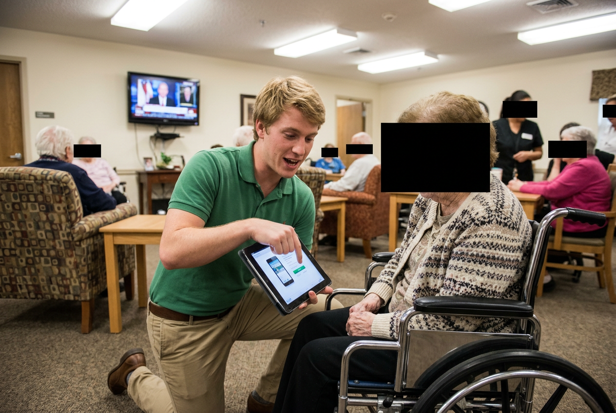Jake demonstrating CHRIST-AI to a resident at Cedar Park Assisted Living